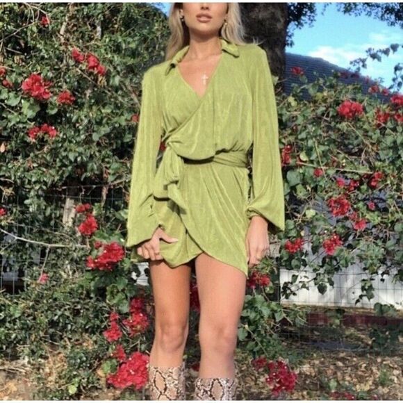 Princess Polly Party Time Slinky Mini Wrap Dress Size 0 Green - Picture 10 of 10